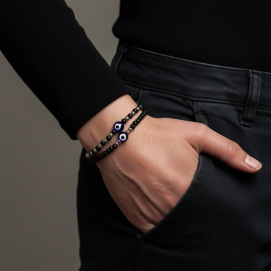 Avoirr 2 Bracelet Set – Evil Eye Protection Bracelets with 3mm Glass & Alloy Beads – Handmade Stretch Beaded Jewelry for Men & Women, Small Size 6–6.25 Inches