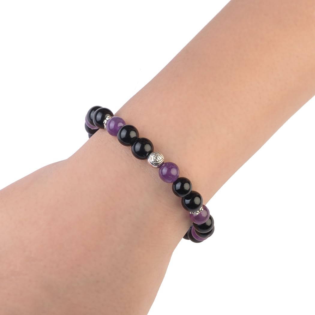 AVOIRR 8mm Black Obsidian & Amethyst Bracelet – Natural Healing Crystal Beads Jewelry for Women & Men, Handmade Stretch Bracelet, 6.5 Inches Fits Small & Medium Wrists