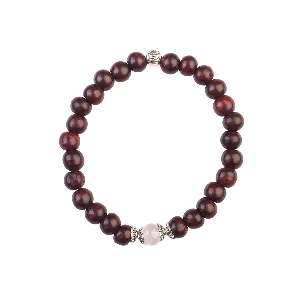 Avoirr 8mm Red Sandalwood & Clear Quartz Bracelet – Natural Wooden & Crystal Healing Beads Jewelry for Men & Women, Handmade Stretch Bracelet, 7 Inches Fits Small & Medium Wrists