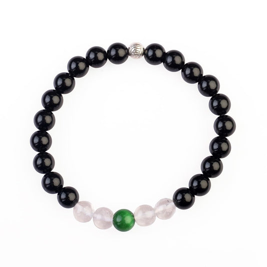 AVOIRR 8mm Black Onyx, Green Tiger Eye & Clear Quartz Bracelet – Natural Healing Crystal Beads Jewelry for Men & Women, Handmade Stretch Bracelet, Large Size 7–7.5 Inches