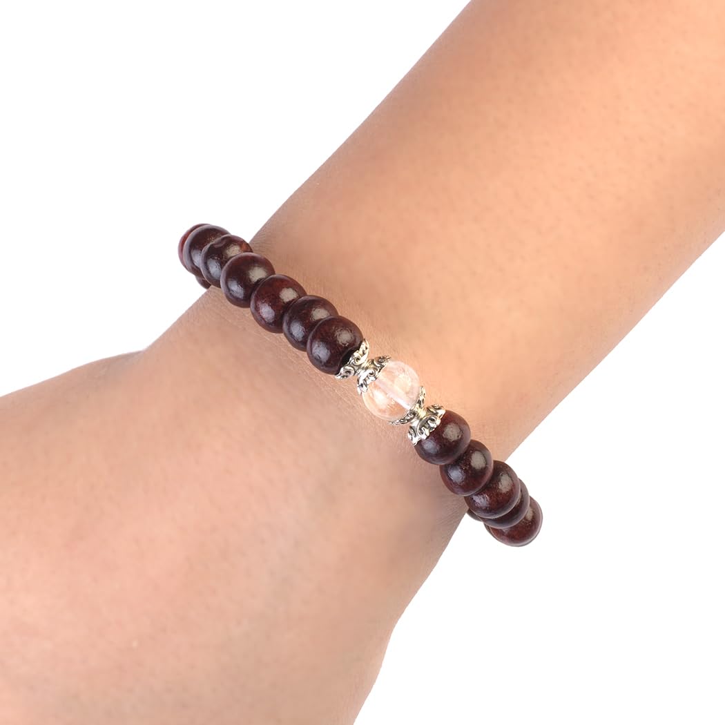 AVOIRR 8mm Red Sandalwood & Clear Quartz Bracelet – Natural Wooden & Crystal Healing Beads Jewelry for Men & Women, Handmade Stretch Bracelet, 7 Inches Fits Small & Medium Wrists