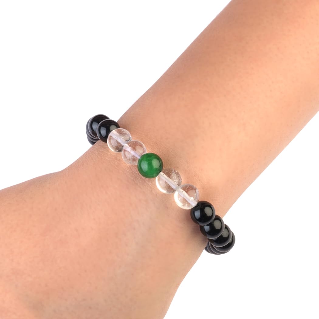 AVOIRR 8mm Black Onyx, Green Tiger Eye & Clear Quartz Bracelet – Natural Healing Crystal Beads Jewelry for Men & Women, Handmade Stretch Bracelet, Large Size 7–7.5 Inches