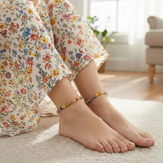 Avoirr Handmade Set of 2 Colorful Beaded Anklets for Women & Girls – 3mm Glass Beads, Stretchable Elastic Thread, 8 Inch Adjustable Fit