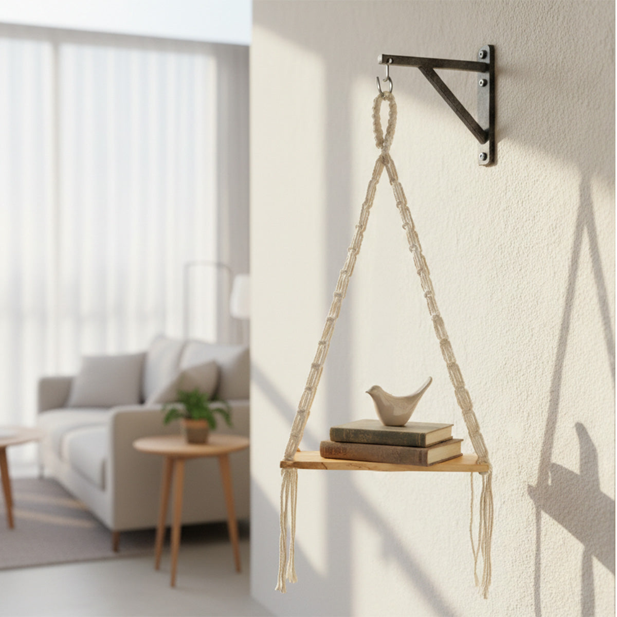 AVOIRR Handmade Macrame Hanging Shelf – Boho Wooden Wall Shelf