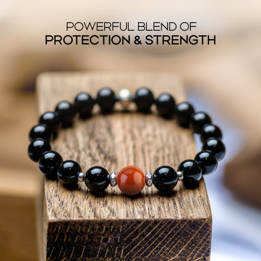Avoirr 8mm Black Onyx/Obsidian & Red Jasper Bracelet – Natural Semi-Precious Stone Handmade Jewelry for Men & Women, Stretch Fit 6.5–7 Inches Wrists
