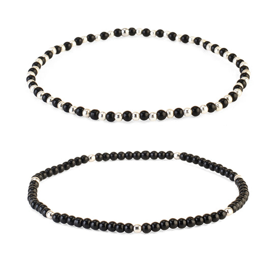 Avoirr Black and Steel Beaded Anklets for Women – Set of 2 | 3mm Glass & Alloy Beads | Handmade Stretchable Ankle Bracelet Fits Size 8–8.5 Inches