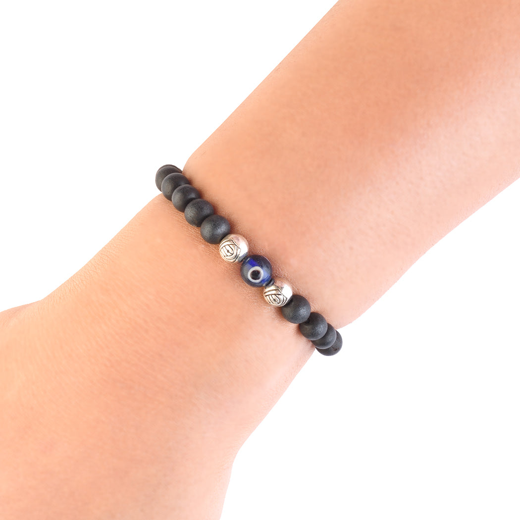 Avoirr 6mm Karungali/Ebonywood & Evil Eye Bracelet – Handmade Natural Beaded Protection Jewelry for Men & Women, Stretch Fit 6.75 Inches for Medium Wrists