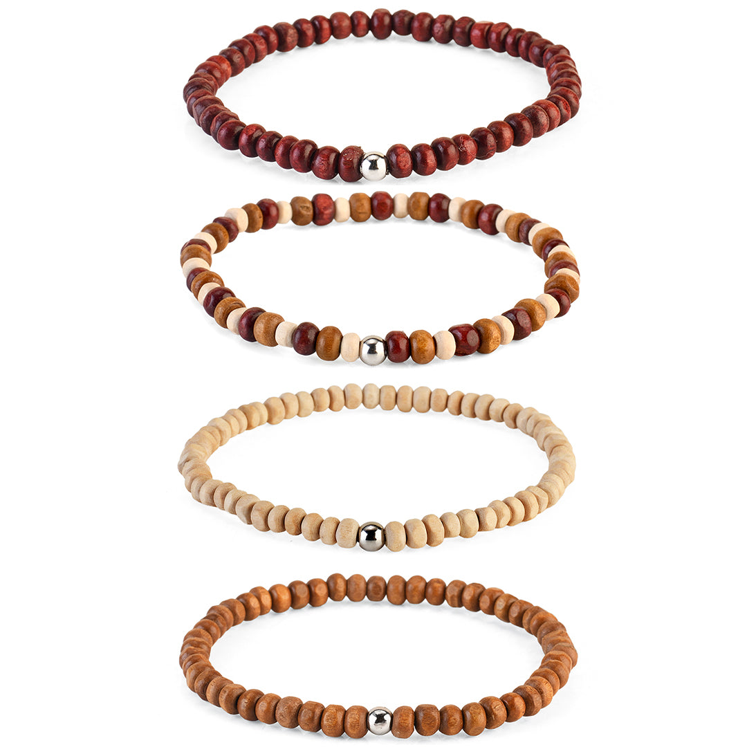 Avoirr Set of 4 Natural Wood Beaded Bracelets for Men & Women – 4mm Handmade Stretchable Wooden Beads in Natural, Tan & Maroon – Unisex Fits (7–7.5 inch)