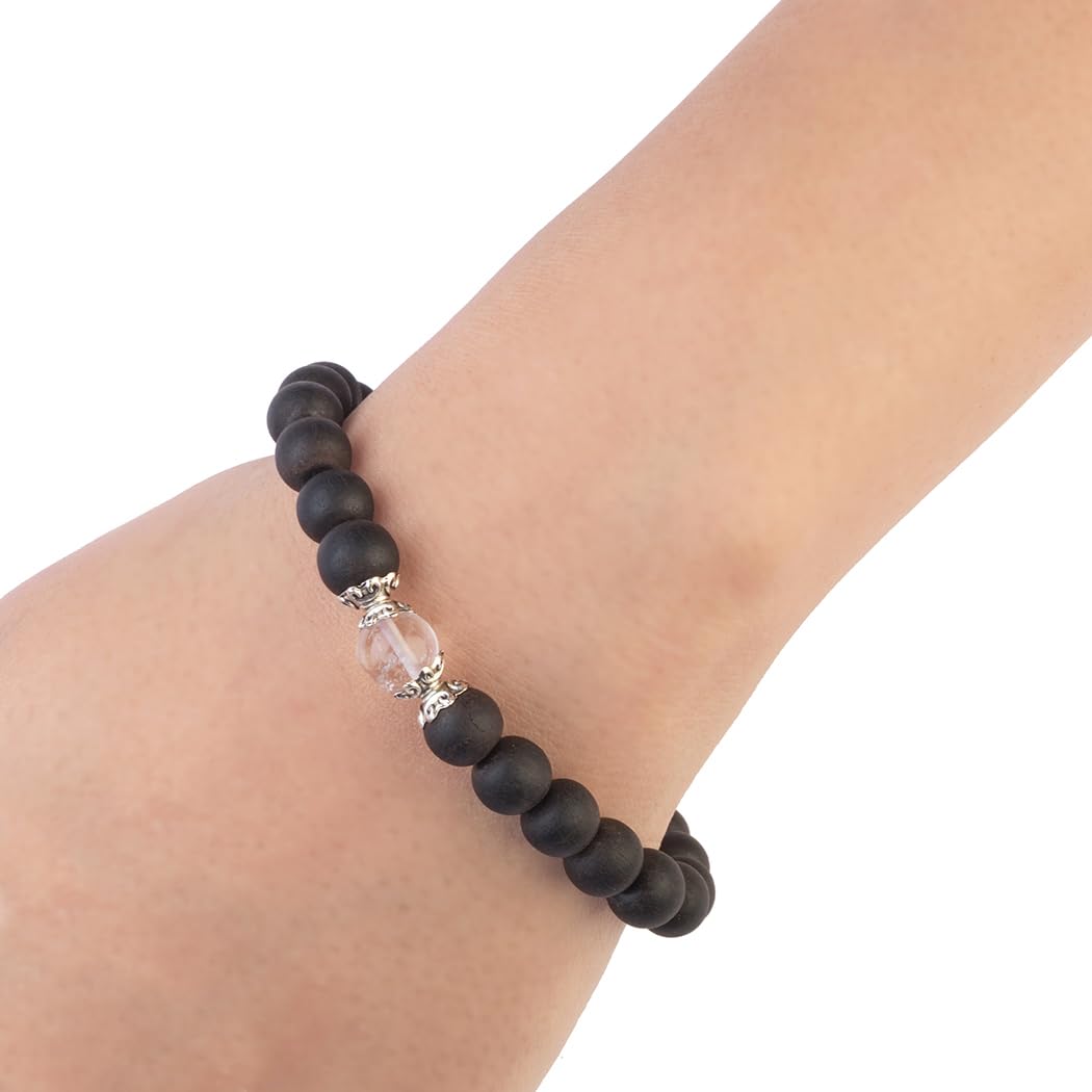 AVOIRR 2 Bracelet Set – 8mm Ebonywood with Clear Quartz Beads – Handmade Natural Wooden & Crystal Bracelets for Men & Women, Stretch Fit 6.75–7 Inches for Small & Medium Wrists