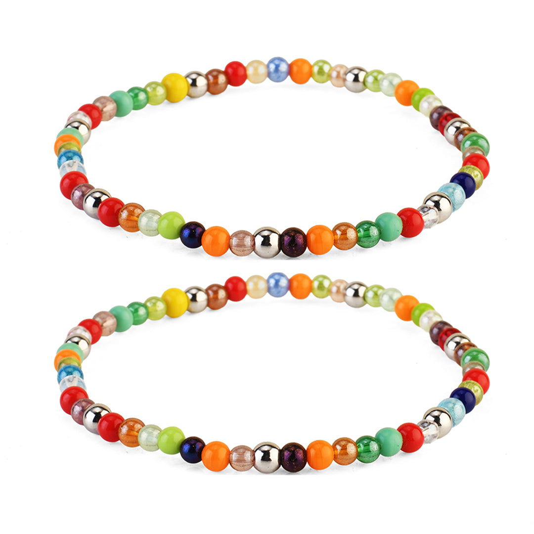 Avoirr Handmade Set of 2 Colorful Beaded Anklets  for Women & Girls – 3mm Glass Beads, Stretchable Elastic Thread, 8 Inch Adjustable Fit