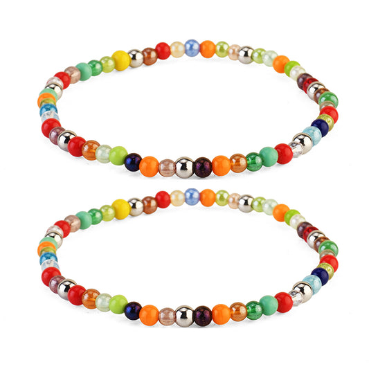 Avoirr Handmade Set of 2 Colorful Beaded Anklets  for Women & Girls – 3mm Glass Beads, Stretchable Elastic Thread, 8 Inch Adjustable Fit