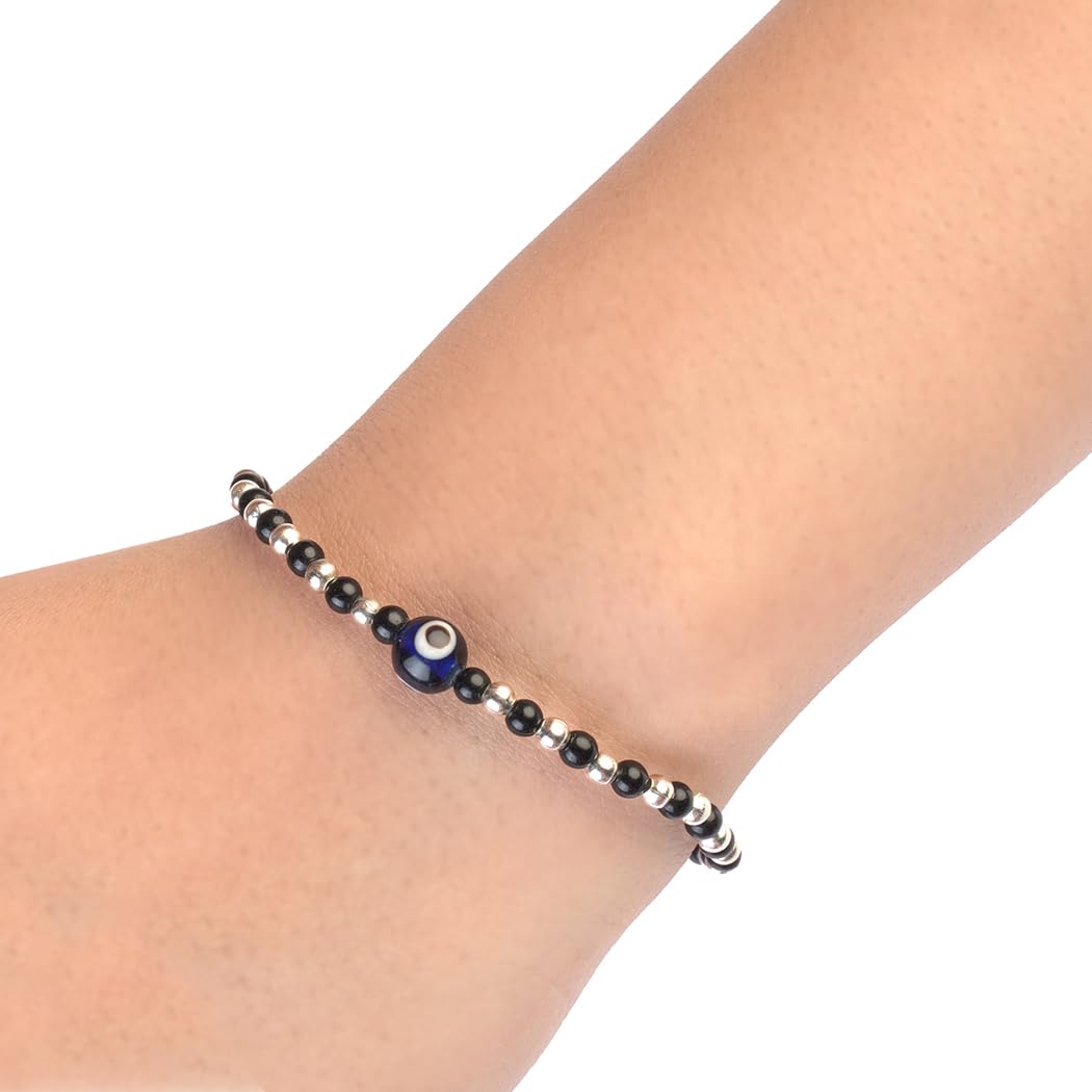 Avoirr 2 Bracelet Set – Evil Eye Protection Bracelets with 3mm Glass & Alloy Beads – Handmade Stretch Beaded Jewelry for Men & Women, Small Size 6–6.25 Inches