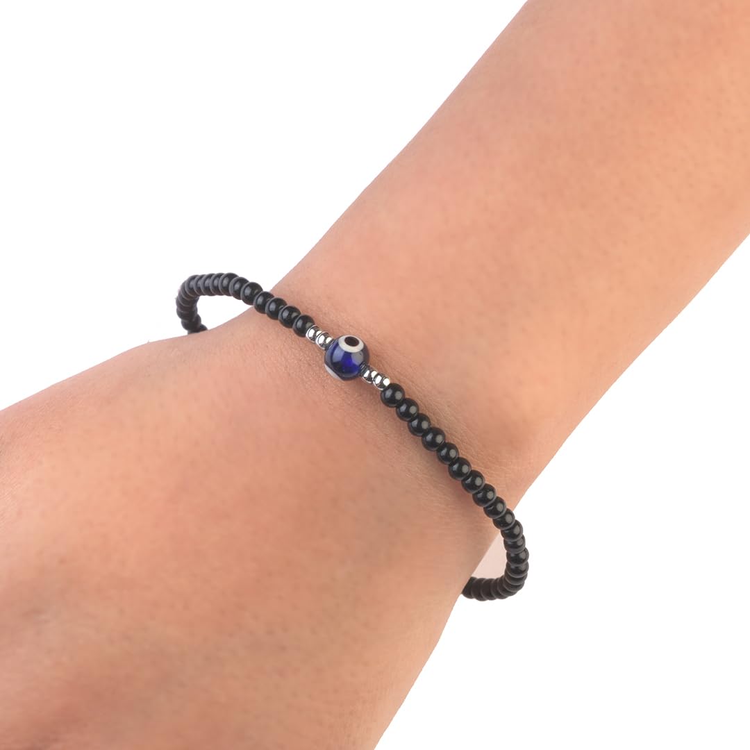 Avoirr 2 Bracelet Set – Evil Eye Protection Bracelets with 3mm Glass & Alloy Beads – Handmade Stretch Beaded Jewelry for Men & Women, Small Size 6–6.25 Inches