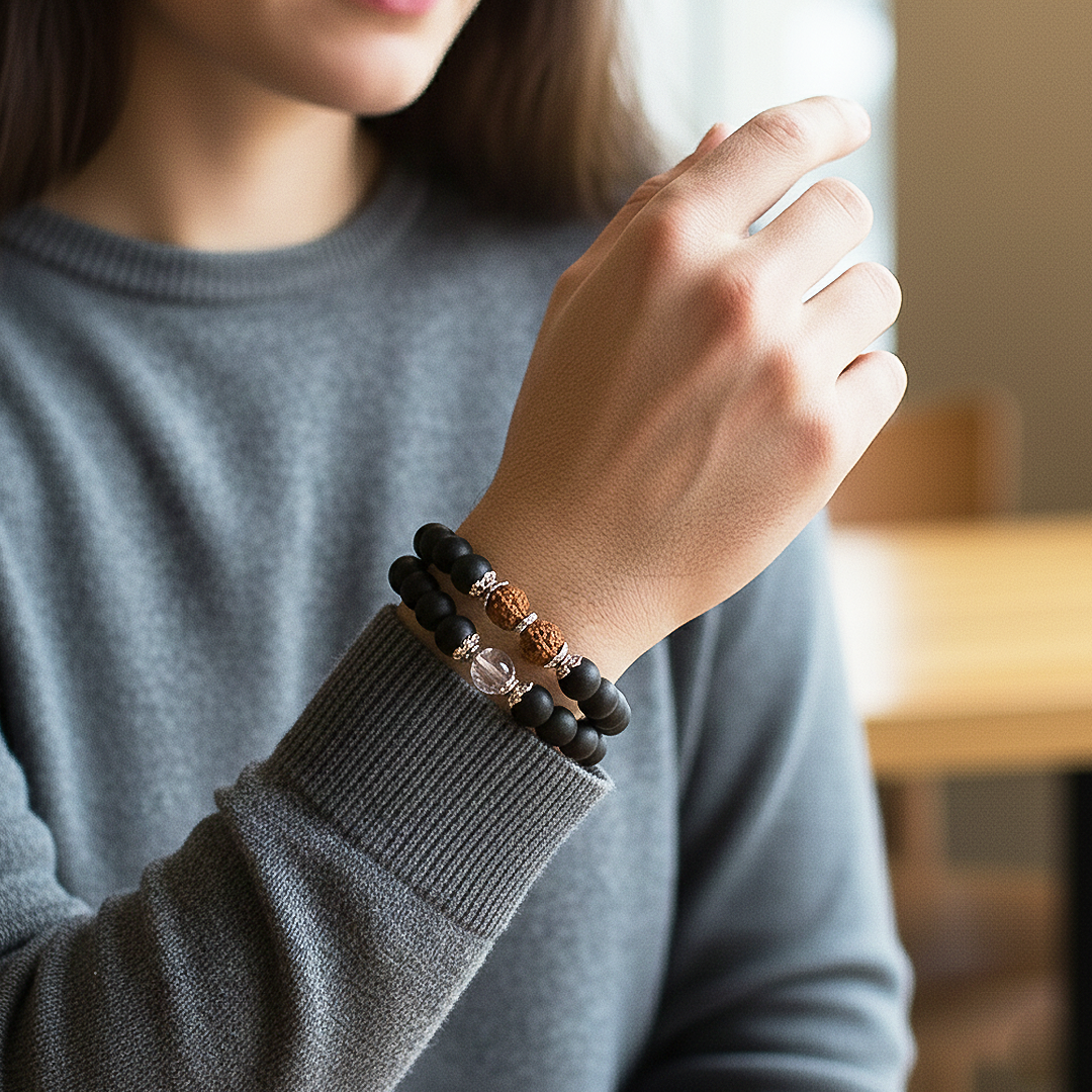 Avoirr 2 Bracelet Set – 8mm Ebonywood with Clear Quartz Beads – Handmade Natural Wooden & Crystal Bracelets for Men & Women, Stretch Fit 6.75–7 Inches for Small & Medium Wrists