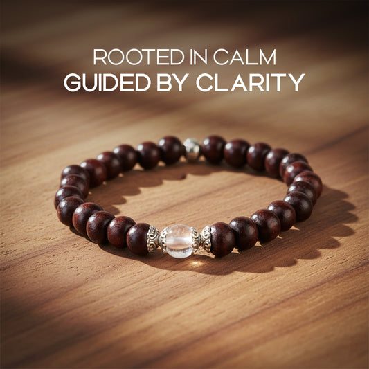 Avoirr 8mm Red Sandalwood & Clear Quartz Bracelet – Natural Wooden & Crystal Healing Beads Jewelry for Men & Women, Handmade Stretch Bracelet, 7 Inches Fits Small & Medium Wrists