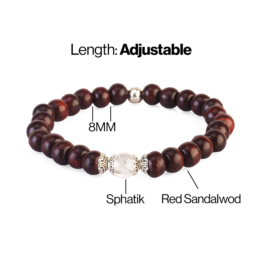 Avoirr 8mm Red Sandalwood & Clear Quartz Bracelet – Natural Wooden & Crystal Healing Beads Jewelry for Men & Women, Handmade Stretch Bracelet, 7 Inches Fits Small & Medium Wrists