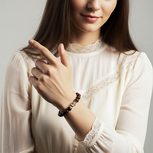 Avoirr 8mm Red Sandalwood & Clear Quartz Bracelet – Natural Wooden & Crystal Healing Beads Jewelry for Men & Women, Handmade Stretch Bracelet, 7 Inches Fits Small & Medium Wrists