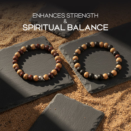 Avoirr Handmade Bracelets Set of 2 – 8mm Round Beads Ebonywood & White Sandalwood | White & Red Sandalwood Beads – Handmade Wooden Beaded Bracelets for Men & Women,  6.5 –7 Inches Medium