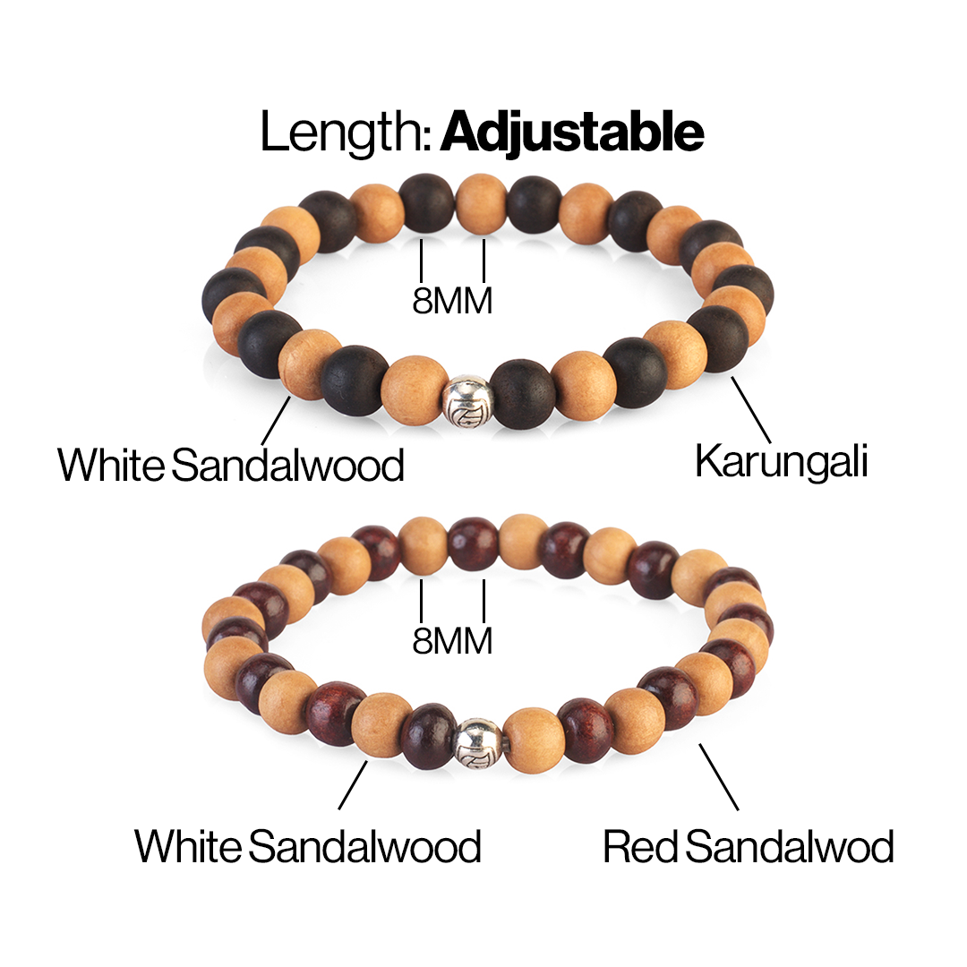 Avoirr Handmade Bracelets Set of 2 – 8mm Round Beads Ebonywood & White Sandalwood | White & Red Sandalwood Beads – Handmade Wooden Beaded Bracelets for Men & Women,  6.5 –7 Inches Medium