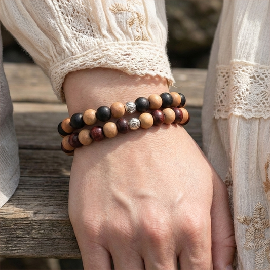Avoirr 2 Bracelet Set – 8mm Ebonywood & White Sandalwood + White & Red Sandalwood Beads – Handmade Wooden Beaded Bracelets for Men & Women, 6–6.5 Inches Small