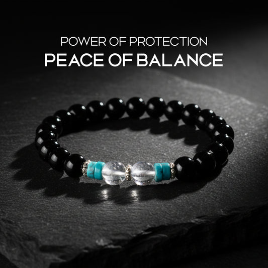 Avoirr 8mm Black Obsidian, Clear Quartz & Turquoise Bracelet – Natural Healing Crystal Beads Jewelry for Men & Women, Handmade Stretch Bracelet, 6.25 Inches Fits Small Wrists