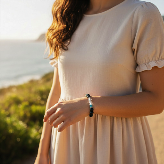 Avoirr 8mm Black Obsidian, Clear Quartz & Turquoise Bracelet – Natural Healing Crystal Beads Jewelry for Men & Women, Handmade Stretch Bracelet, 6.25 Inches Fits Small Wrists