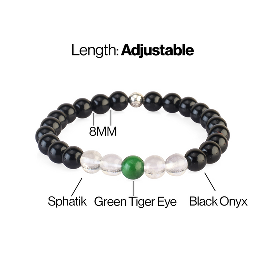Avoirr 8mm Black Onyx, Green Tiger Eye & Clear Quartz Bracelet – Natural Healing Crystal Beads Jewelry for Men & Women, Handmade Stretch Bracelet, Large Size 7–7.5 Inches