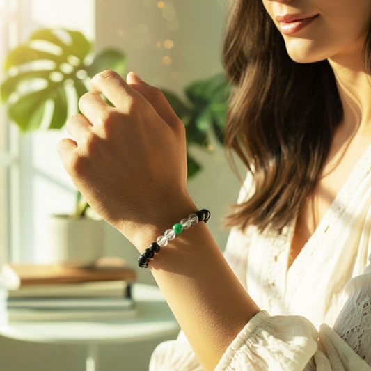 Avoirr 8mm Black Onyx, Green Tiger Eye & Clear Quartz Bracelet – Natural Healing Crystal Beads Jewelry for Men & Women, Handmade Stretch Bracelet, Large Size 7–7.5 Inches