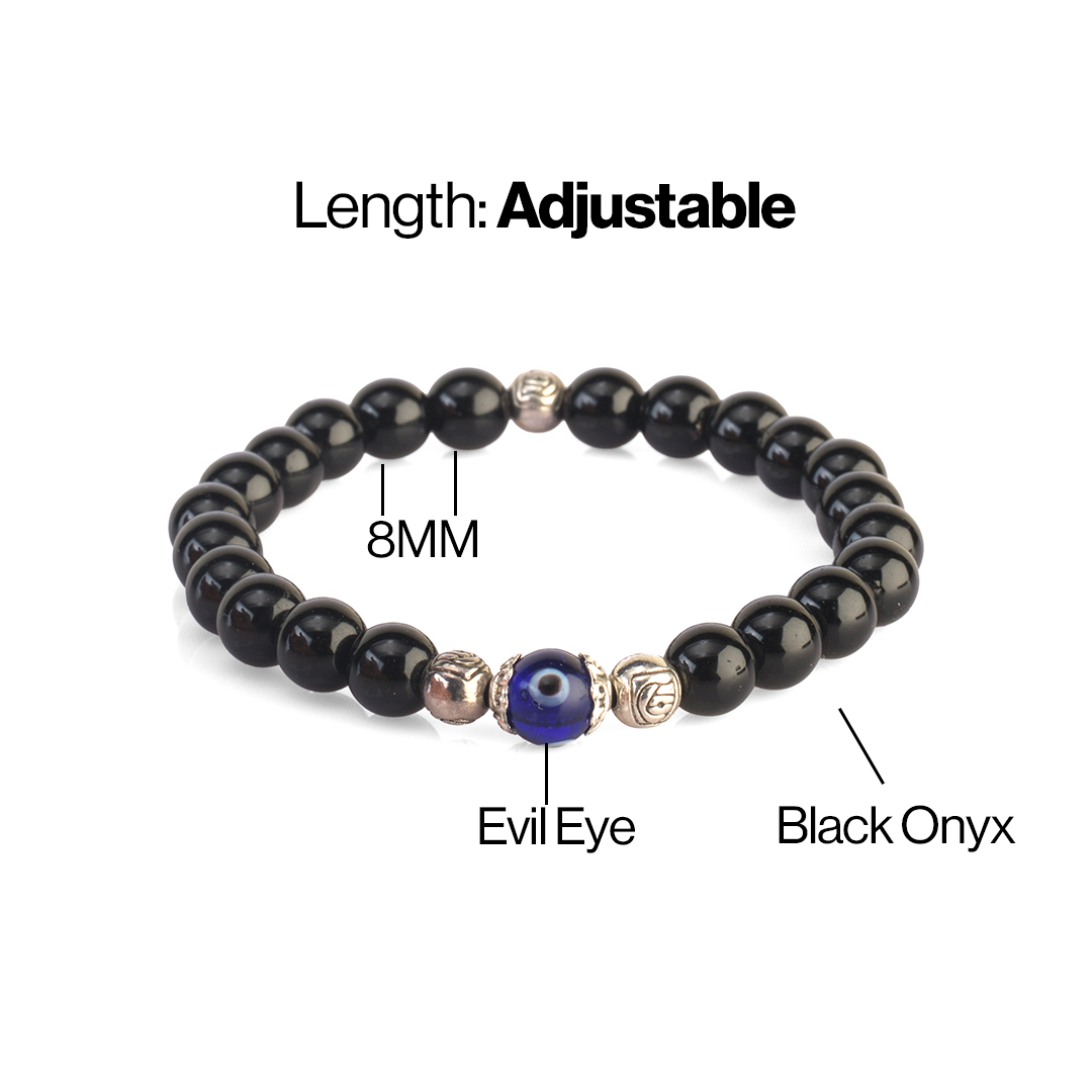 Avoirr 8mm Black Obsidian & Evil Eye Bracelet – Natural Crystal Protection Beads Jewelry for Men & Women, Handmade Stretch Bracelet, 7.5 Inches Fits Medium & Large Wrist