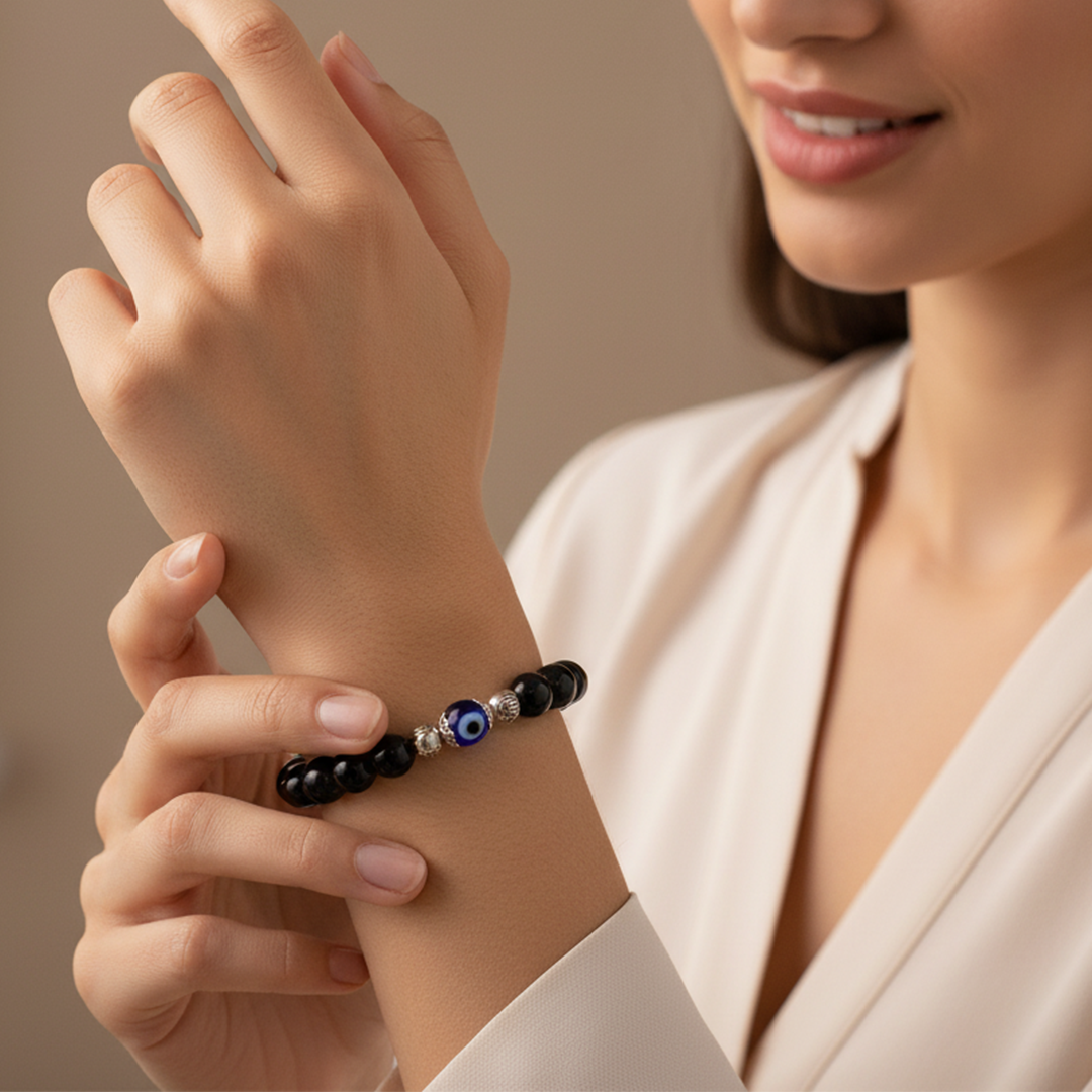 Avoirr 8mm Black Obsidian & Evil Eye Bracelet – Natural Crystal Protection Beads Jewelry for Men & Women, Handmade Stretch Bracelet, 7.5 Inches Fits Medium & Large Wrist