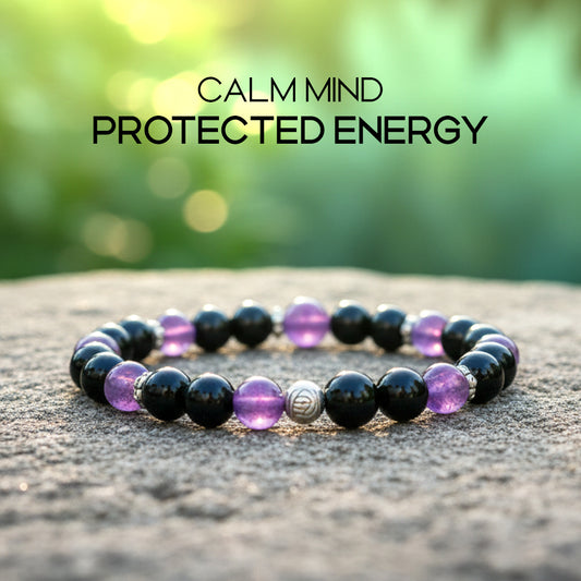 Avoirr 8mm Black Obsidian & Amethyst Bracelet – Natural Healing Crystal Beads Jewelry for Women & Men, Handmade Stretch Bracelet, 6.5 Inches Fits Small & Medium Wrists