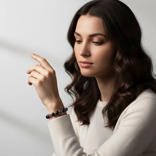 Avoirr 8mm Black Obsidian & Amethyst Bracelet – Natural Healing Crystal Beads Jewelry for Women & Men, Handmade Stretch Bracelet, 6.5 Inches Fits Small & Medium Wrists