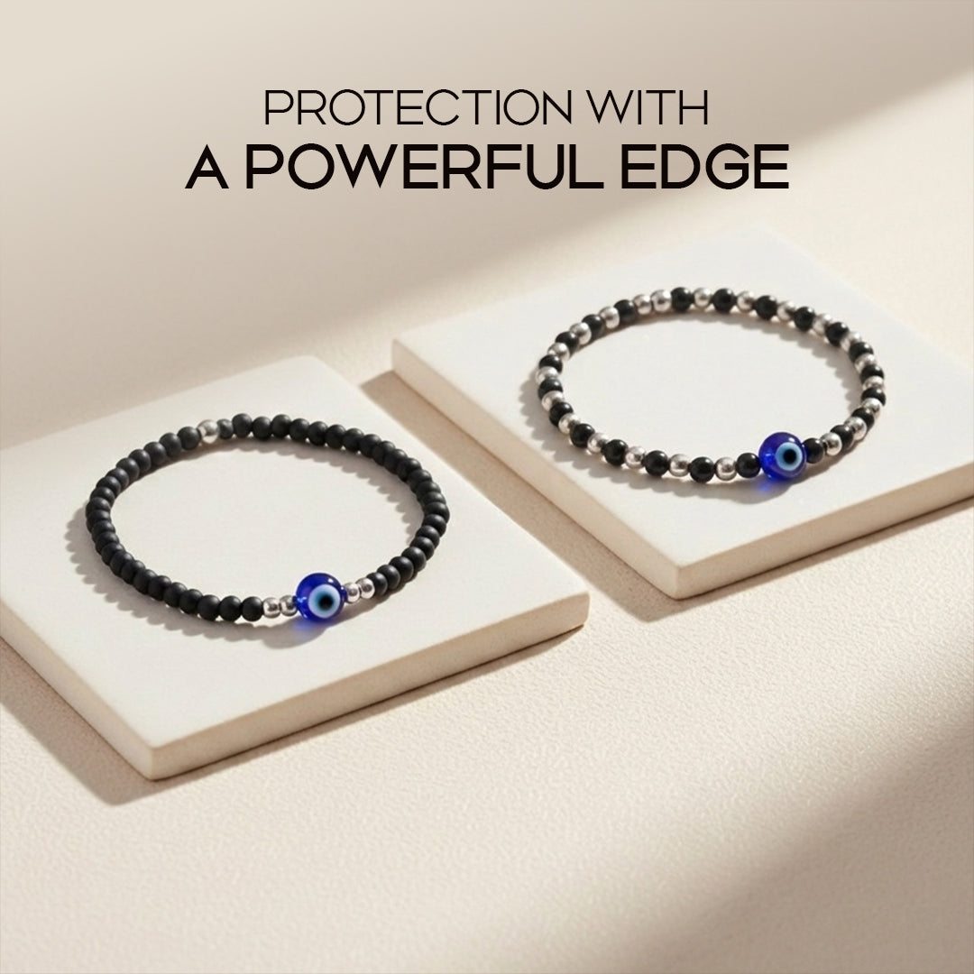 Avoirr 2 Bracelet Set – Evil Eye Protection Bracelets with 3mm Glass & Alloy Beads – Handmade Stretch Beaded Jewelry for Men & Women, Small Size 6–6.25 Inches