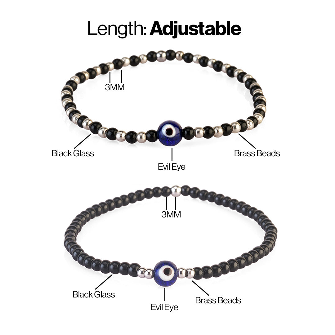 Avoirr 2 Bracelet Set – Evil Eye Protection Bracelets with 3mm Glass & Alloy Beads – Handmade Stretch Beaded Jewelry for Men & Women, Small Size 6–6.25 Inches