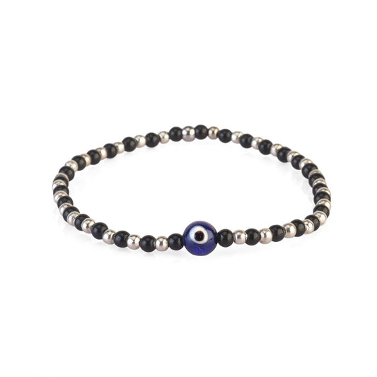 AVOIRR 2 Bracelet Set – Evil Eye Protection Bracelets with 3mm Glass & Alloy Beads – Handmade Stretch Beaded Jewelry for Men & Women, Small Size 6–6.25 Inches