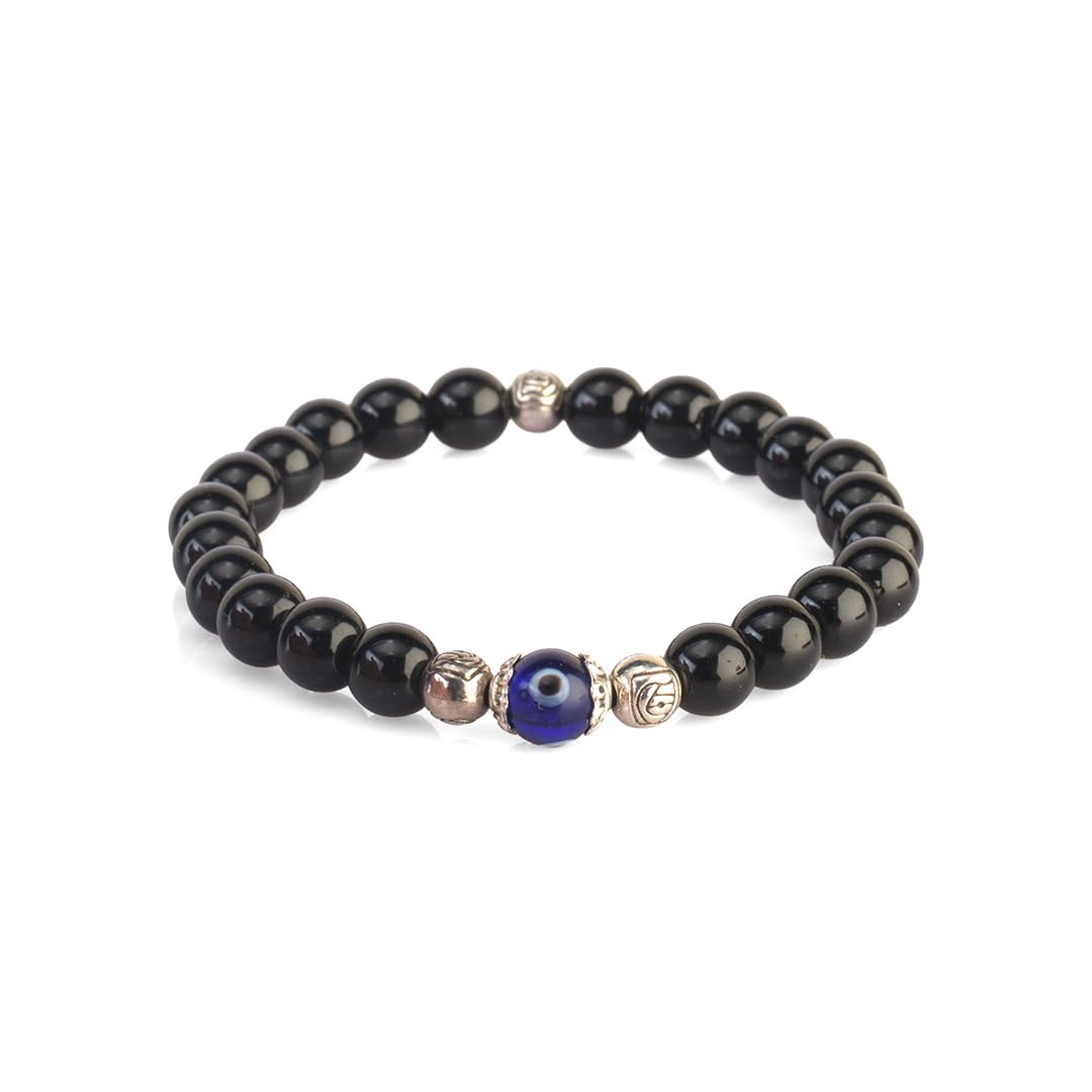 Avoirr 8mm Black Obsidian & Evil Eye Bracelet – Natural Crystal Protection Beads Jewelry for Men & Women, Handmade Stretch Bracelet, 7.5 Inches Fits Medium & Large Wrist