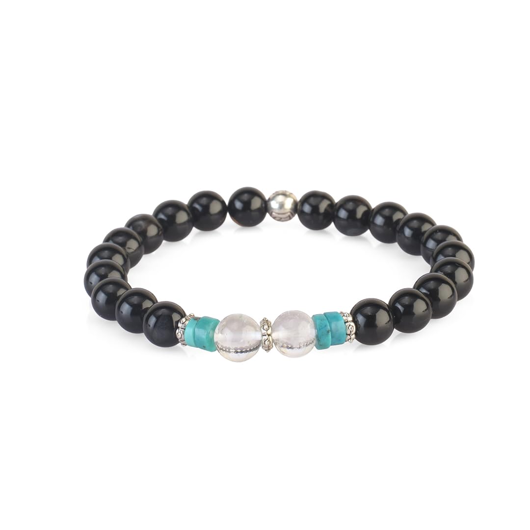 AVOIRR 8mm Black Obsidian, Clear Quartz & Turquoise Bracelet – Natural Healing Crystal Beads Jewelry for Men & Women, Handmade Stretch Bracelet, 6.25 Inches Fits Small Wrists