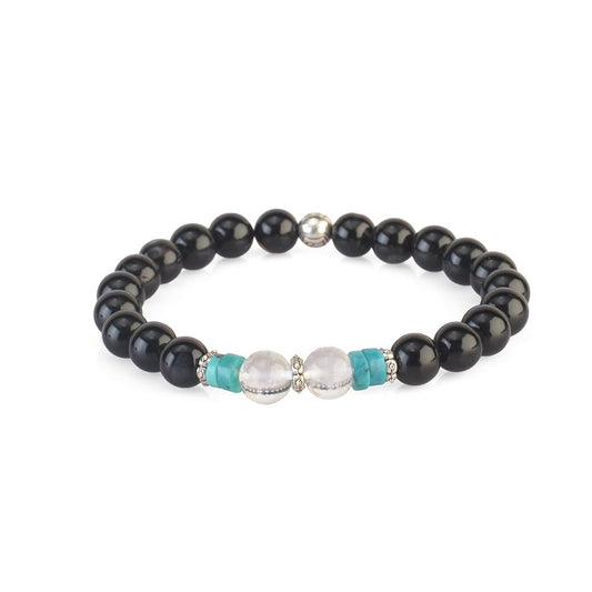 AVOIRR 8mm Black Obsidian, Clear Quartz & Turquoise Bracelet – Natural Healing Crystal Beads Jewelry for Men & Women, Handmade Stretch Bracelet, 6.25 Inches Fits Small Wrists
