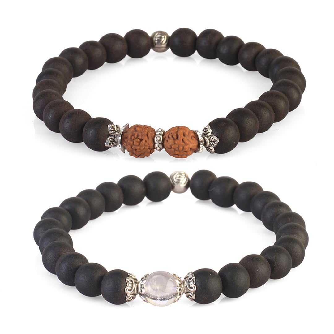 AVOIRR 2 Bracelet Set – 8mm Ebonywood with Clear Quartz Beads – Handmade Natural Wooden & Crystal Bracelets for Men & Women, Stretch Fit 6.75–7 Inches for Small & Medium Wrists