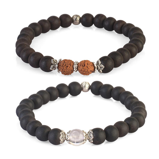 AVOIRR 2 Bracelet Set – 8mm Ebonywood with Clear Quartz Beads – Handmade Natural Wooden & Crystal Bracelets for Men & Women, Stretch Fit 6.75–7 Inches for Small & Medium Wrists