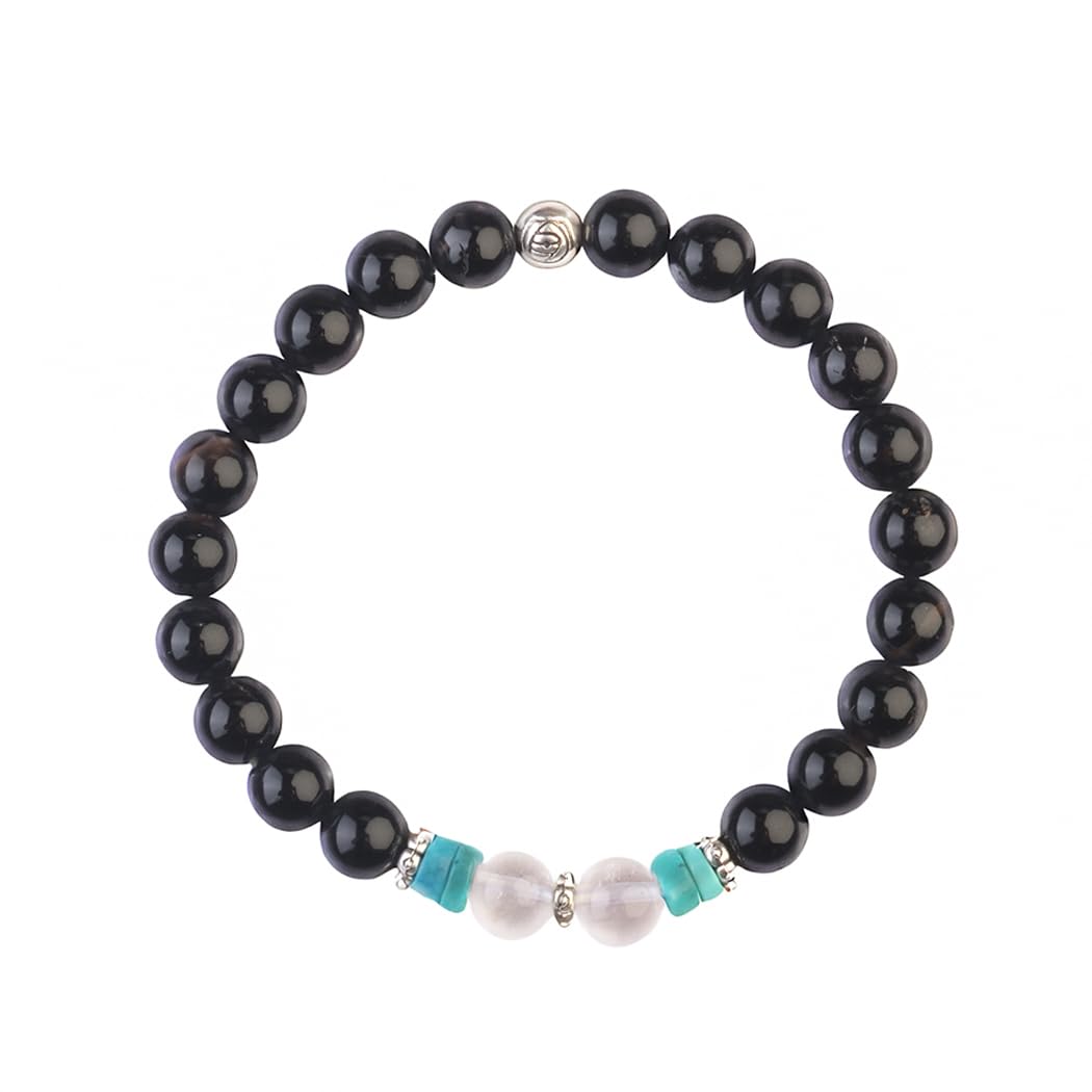 AVOIRR 8mm Black Obsidian, Clear Quartz & Turquoise Bracelet – Natural Healing Crystal Beads Jewelry for Men & Women, Handmade Stretch Bracelet, 6.25 Inches Fits Small Wrists