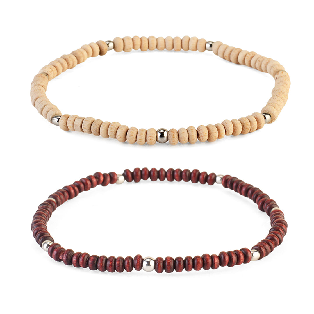 Avoirr Handmade Wooden Anklets Set of two for Women | Natural & Maroon 3mm Beads with Silver Accents | Adjustable 7.5–8 Inch Ankle Bracelet