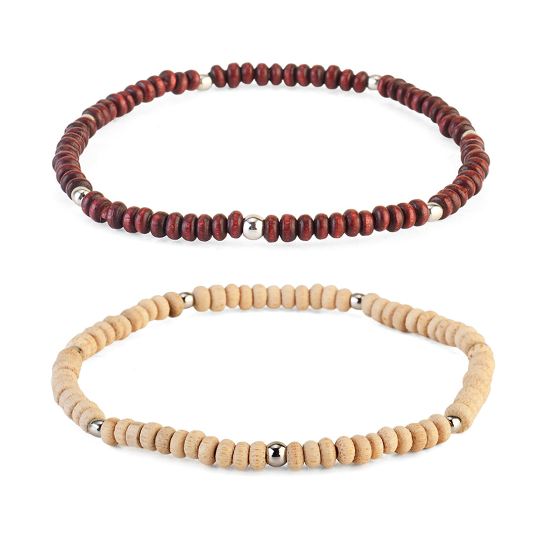 Avoirr Handmade Wooden Anklets Set of two for Women | Natural & Maroon 3mm Beads with Silver Accents | Adjustable 7.5–8 Inch Ankle Bracelet