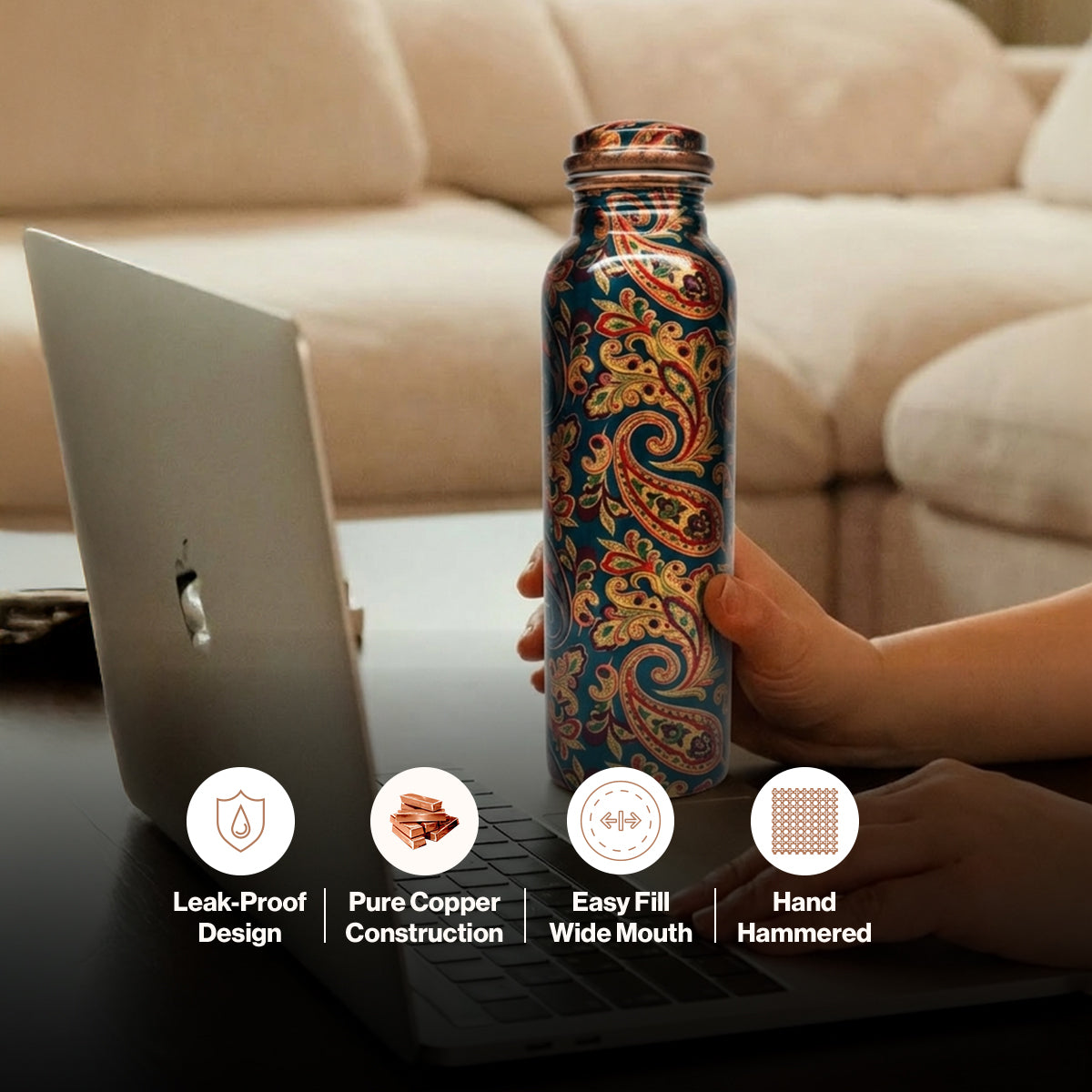 Avoirr Royal Paisley Copper Water Bottle – Pure Copper Ayurvedic Hydration Bottle