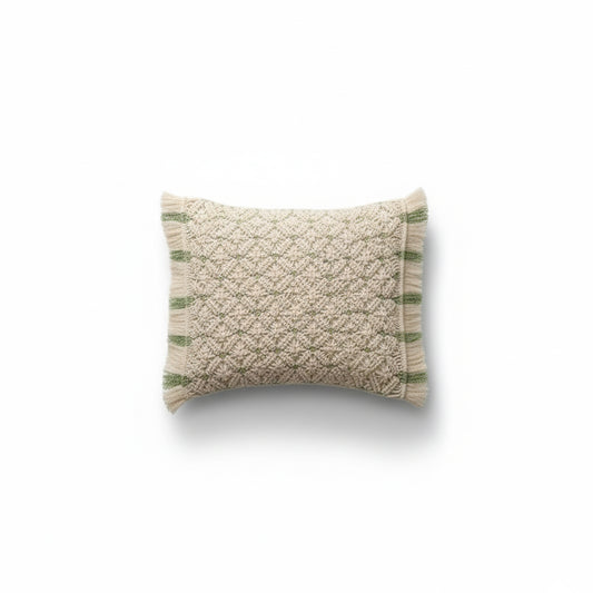 AVOIRR Handmade Macrame Cushion Cover – Natural White & Olive Boho Decorative Pillow 16x16