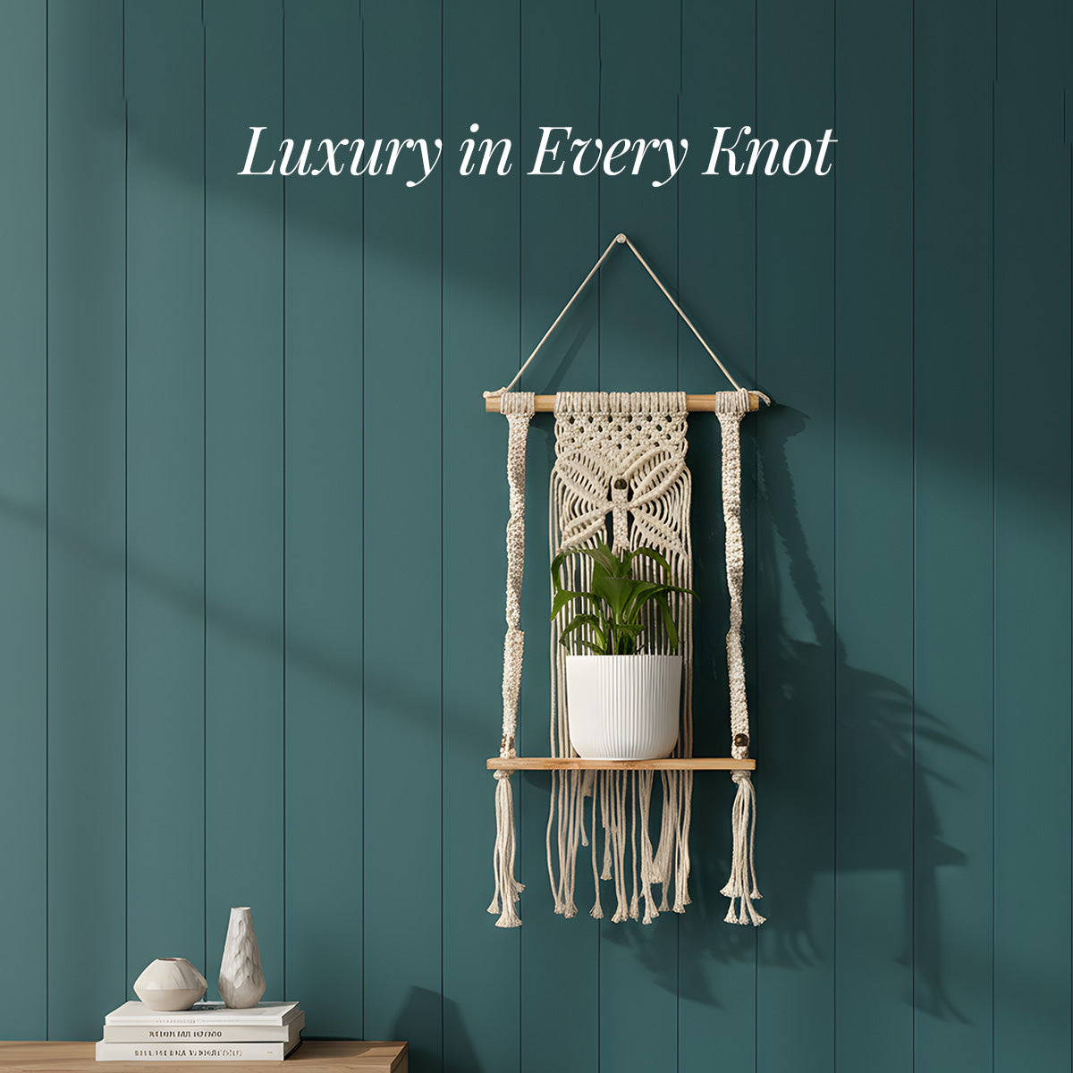 AVOIRR Handmade Macrame Wall Shelf – Boho Hanging Plant Shelf