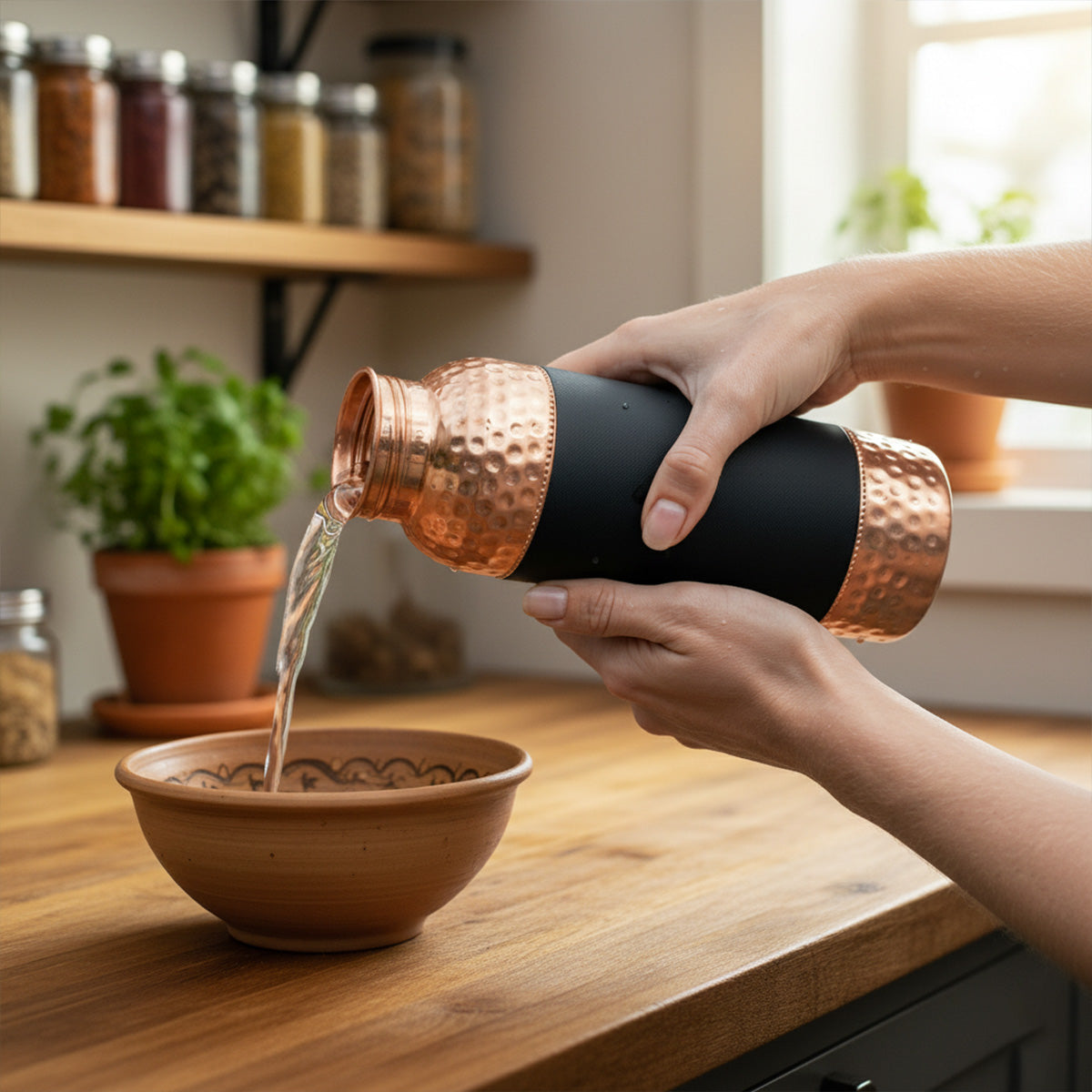 Hammered Copper Water Bottle with Matte Grip – Traditional Craft Meets Modern Design | AVOIRR