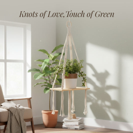 AVOIRR Handmade Macrame Hanging Shelf – Boho Wooden Wall Shelf for Plants & Decor