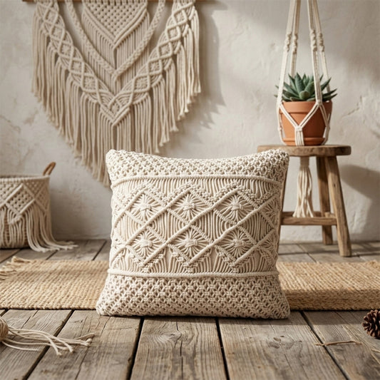 AVOIRR Handmade Macrame Cushion Cover – Boho Decorative Throw Pillow 16x16