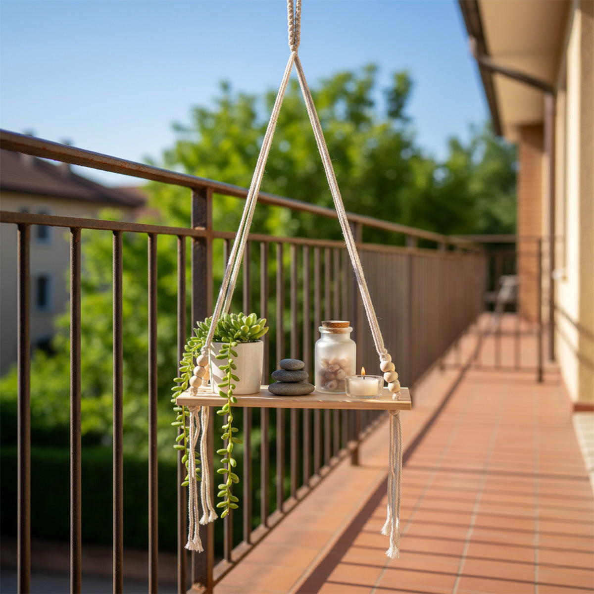 AVOIRR Handmade Macrame Hanging Shelf – Boho Wooden Wall Shelf for Plants & Home Decor